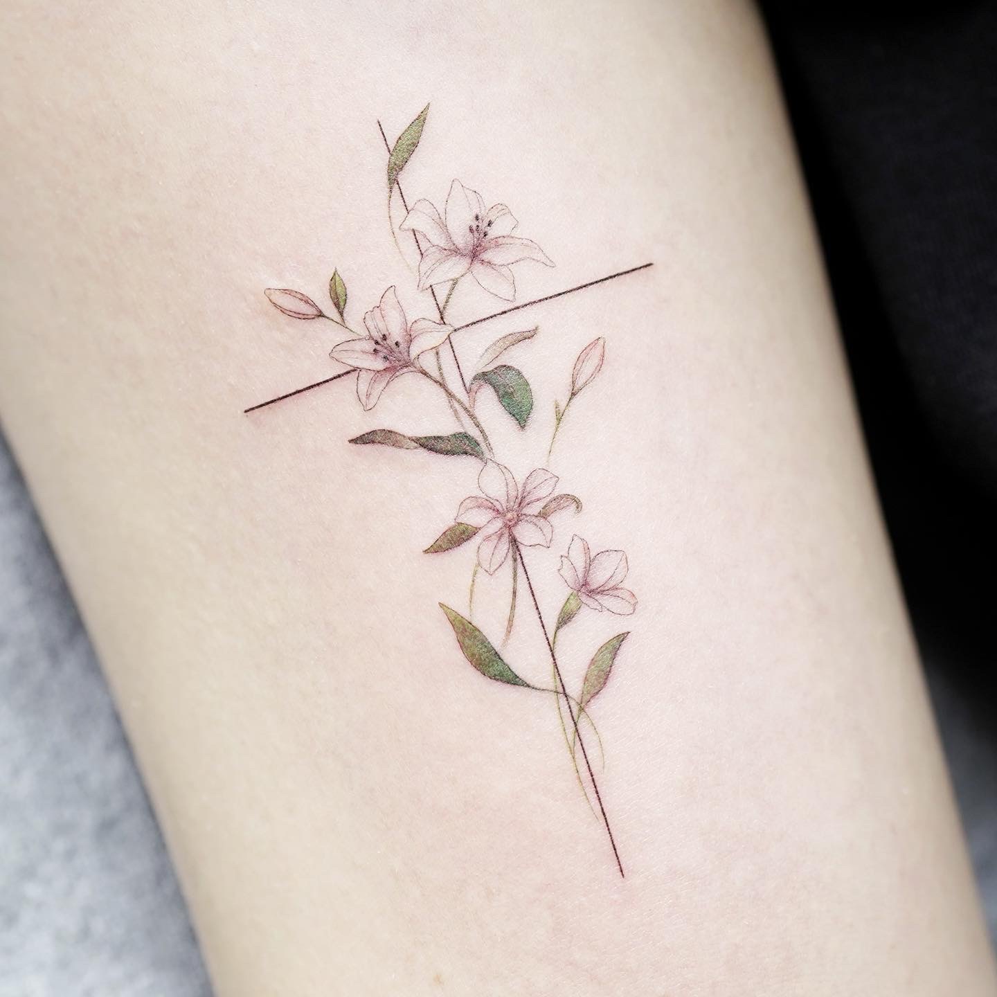 Cross with Flowers Fineline Tattoo