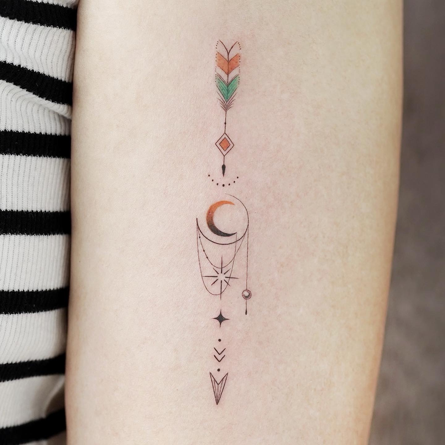 Geometric Arrow Cresent Moon Stars Fineline Tattoo