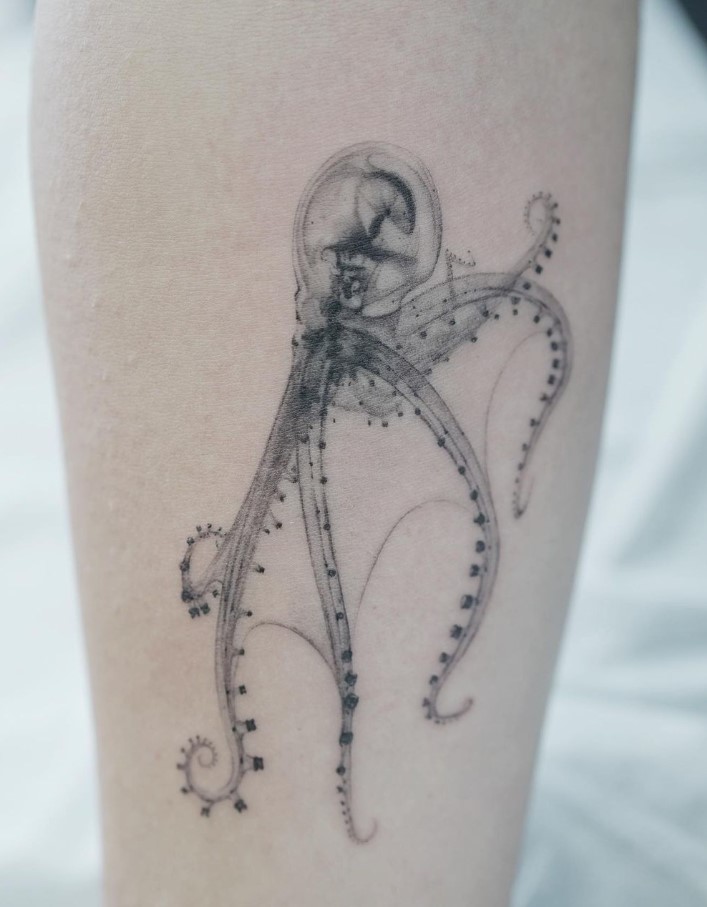 Glass Octopus Black and White Realism Tattoo